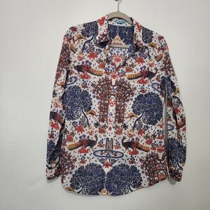 J. McLaughlin Small Peacock Bird Print Button Up Shirt Blouse Blue White Coral S